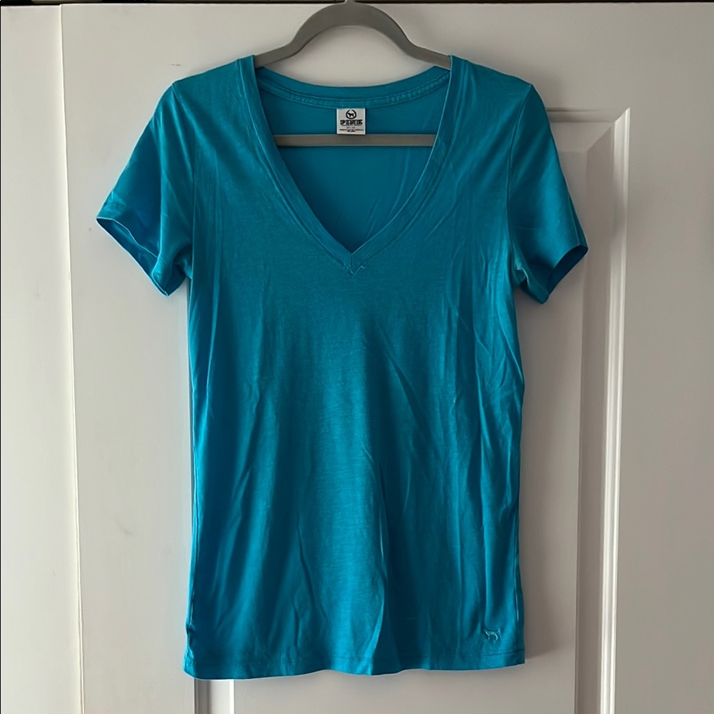 PINK Victoria's Secret Blue Fitted Short Sleeve V-Neck Tee